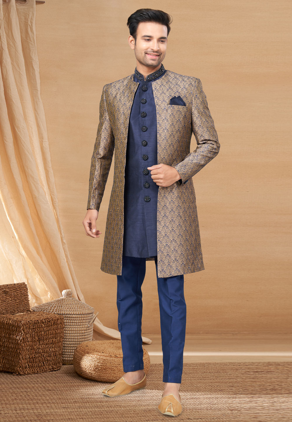 Navy Blue Art Silk Indo Western Sherwani 270798