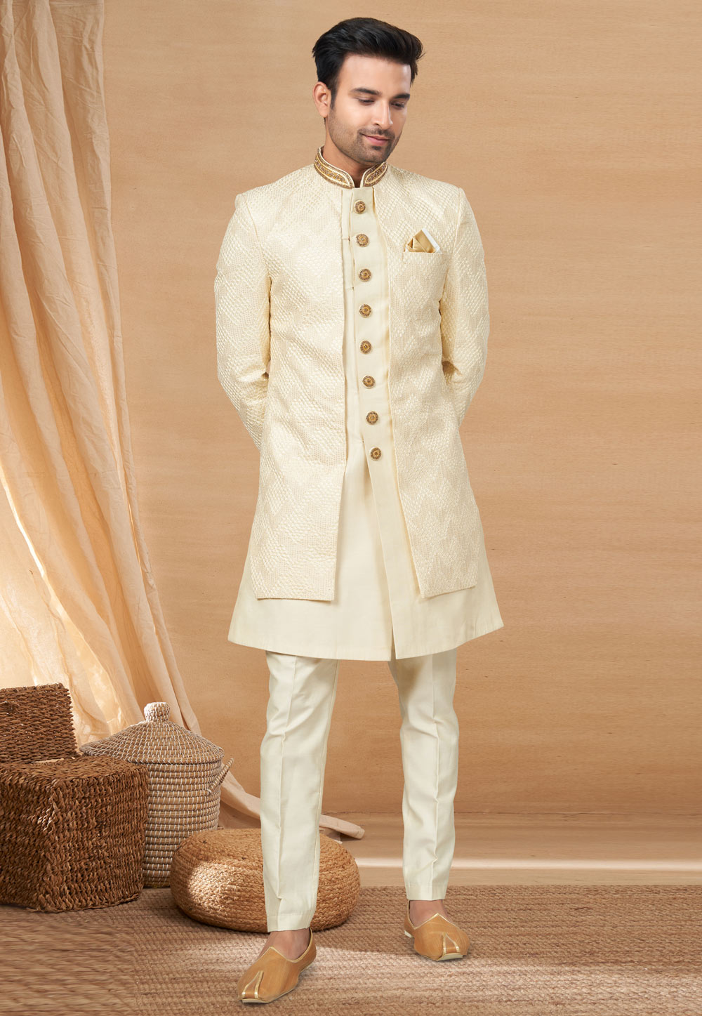 Cream Art Silk Indo Western Sherwani 270799