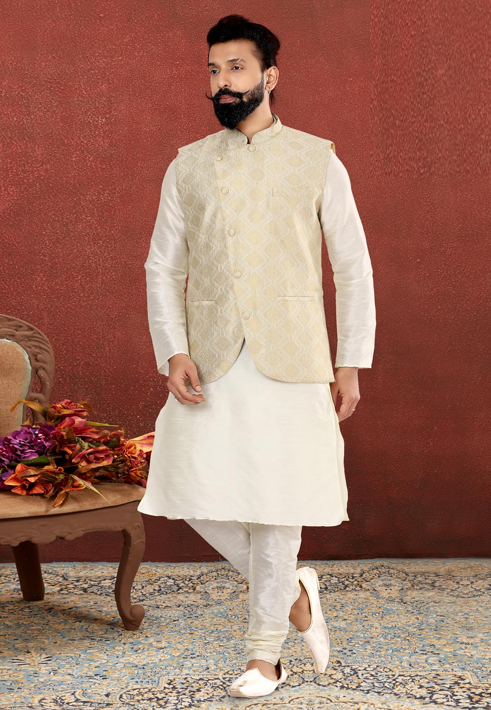 White Dupion Silk Kurta Pajama With Jacket 238536