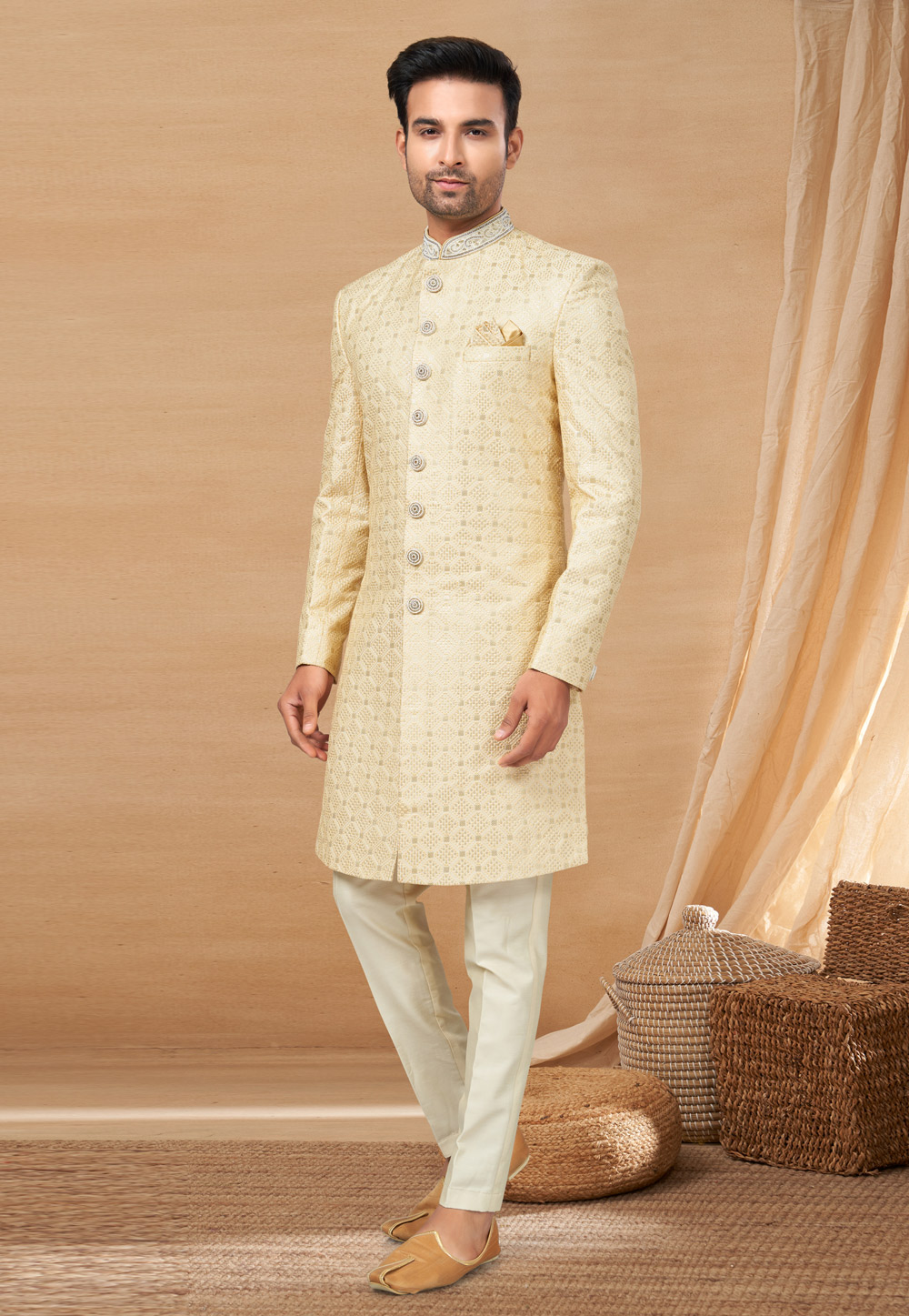 Cream Art Silk Achkan Style Sherwani 270801