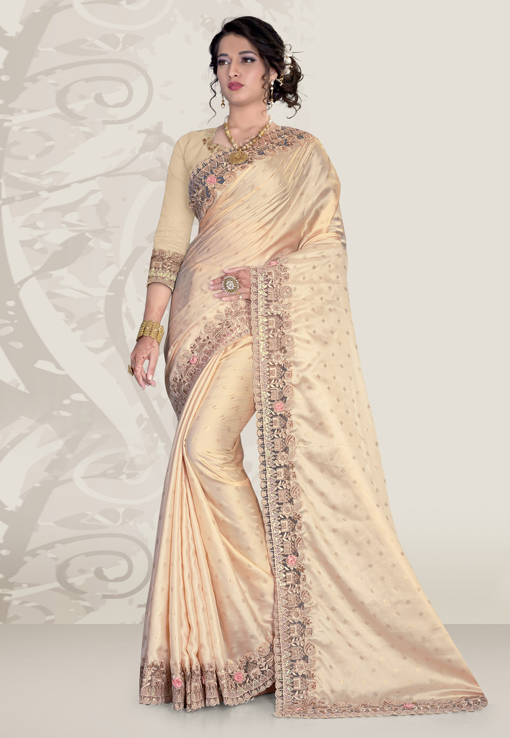 Beige Satin Saree With Blouse 218722