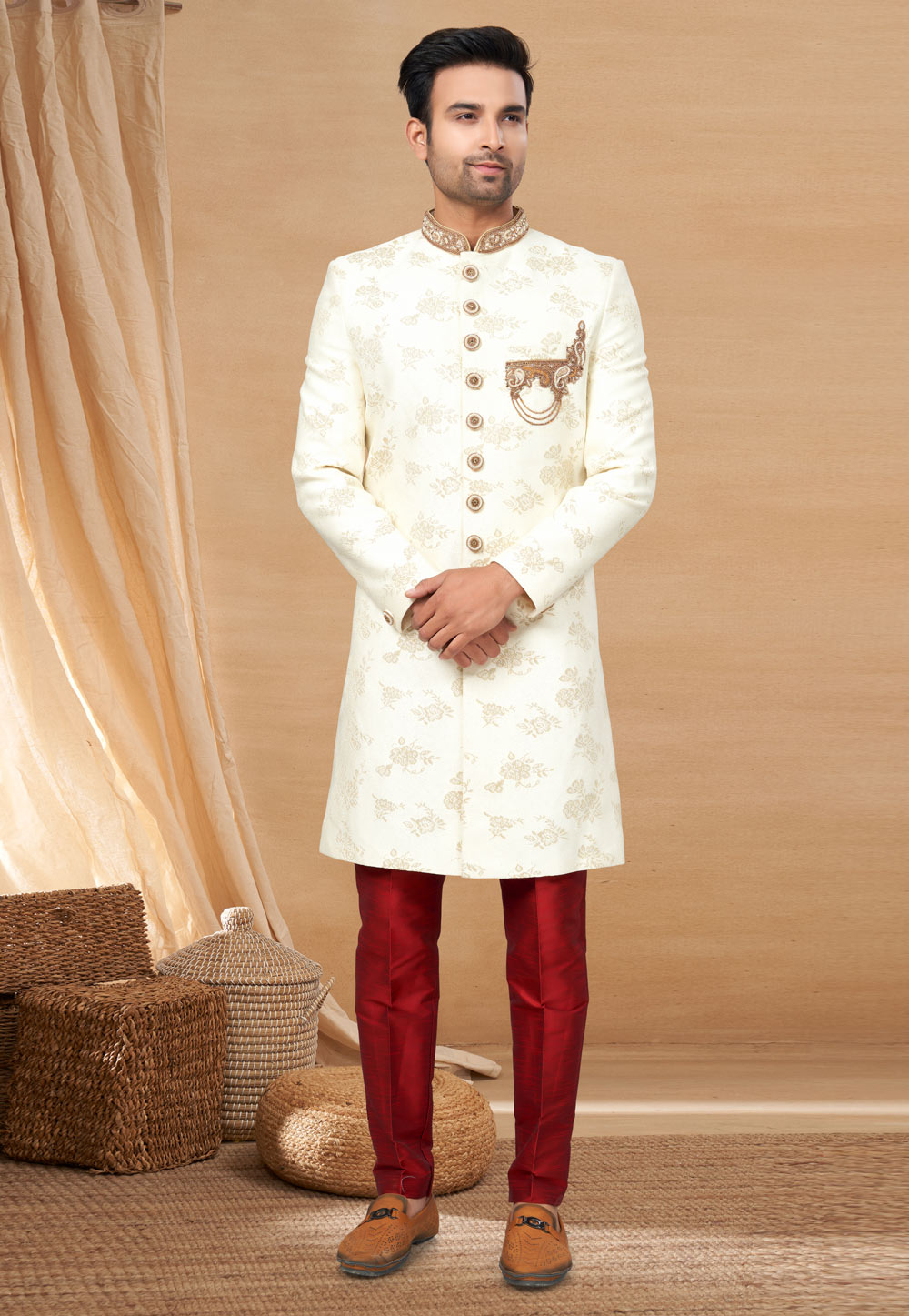 Off White Jacquard Indo Western Sherwani 270803