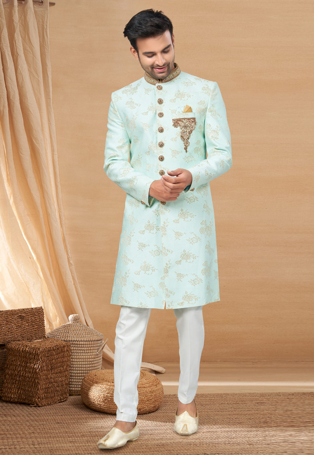 Sea Green Jacquard Indo Western Sherwani 270806