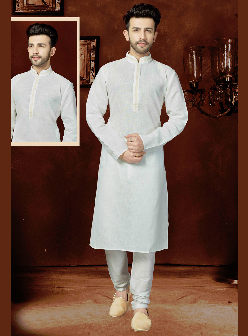 White Cotton Readymade Kurta Pajama 121155