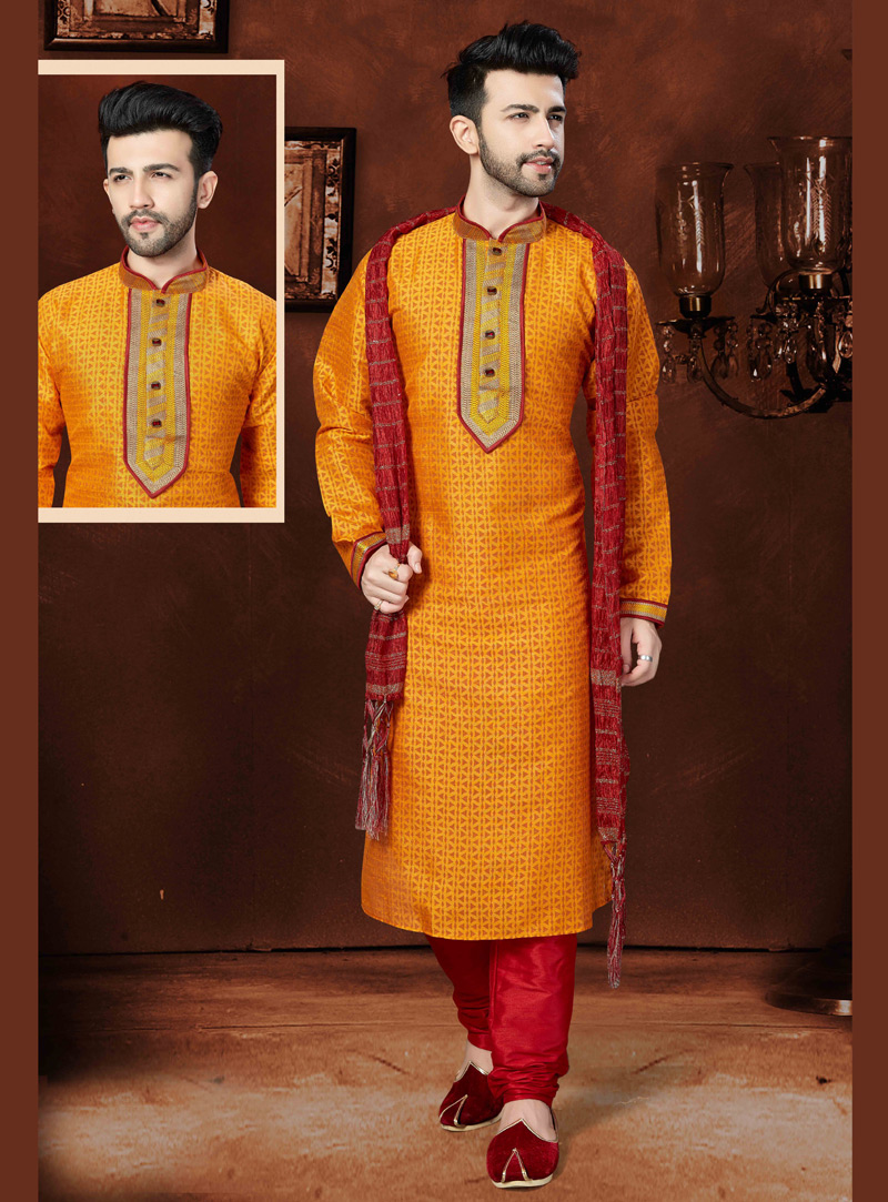 Orange Silk Readymade Kurta Pajama 121169