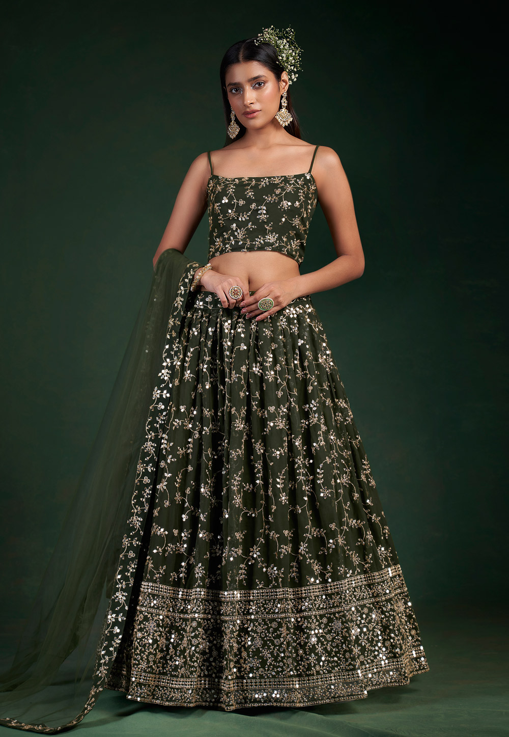 Camo Green Georgette A Line Lehenga Choli 251808