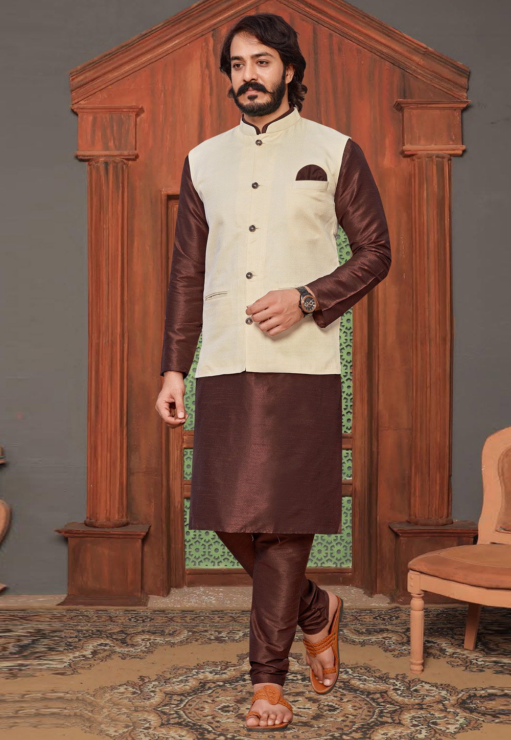Brown Art Silk Kurta Pajama With Jacket 232706