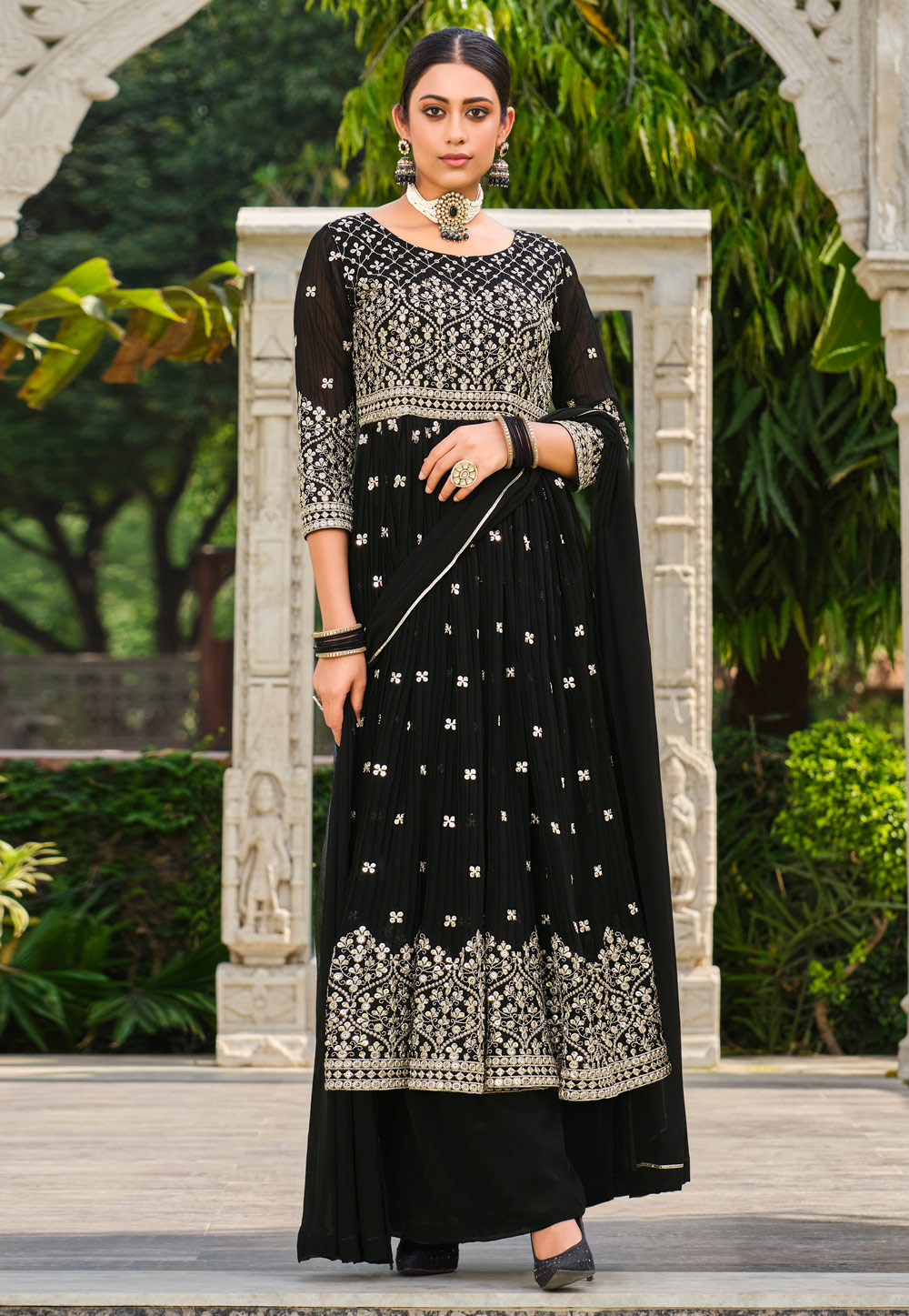 Black Faux Georgette Readymade Palazzo Suit 265430