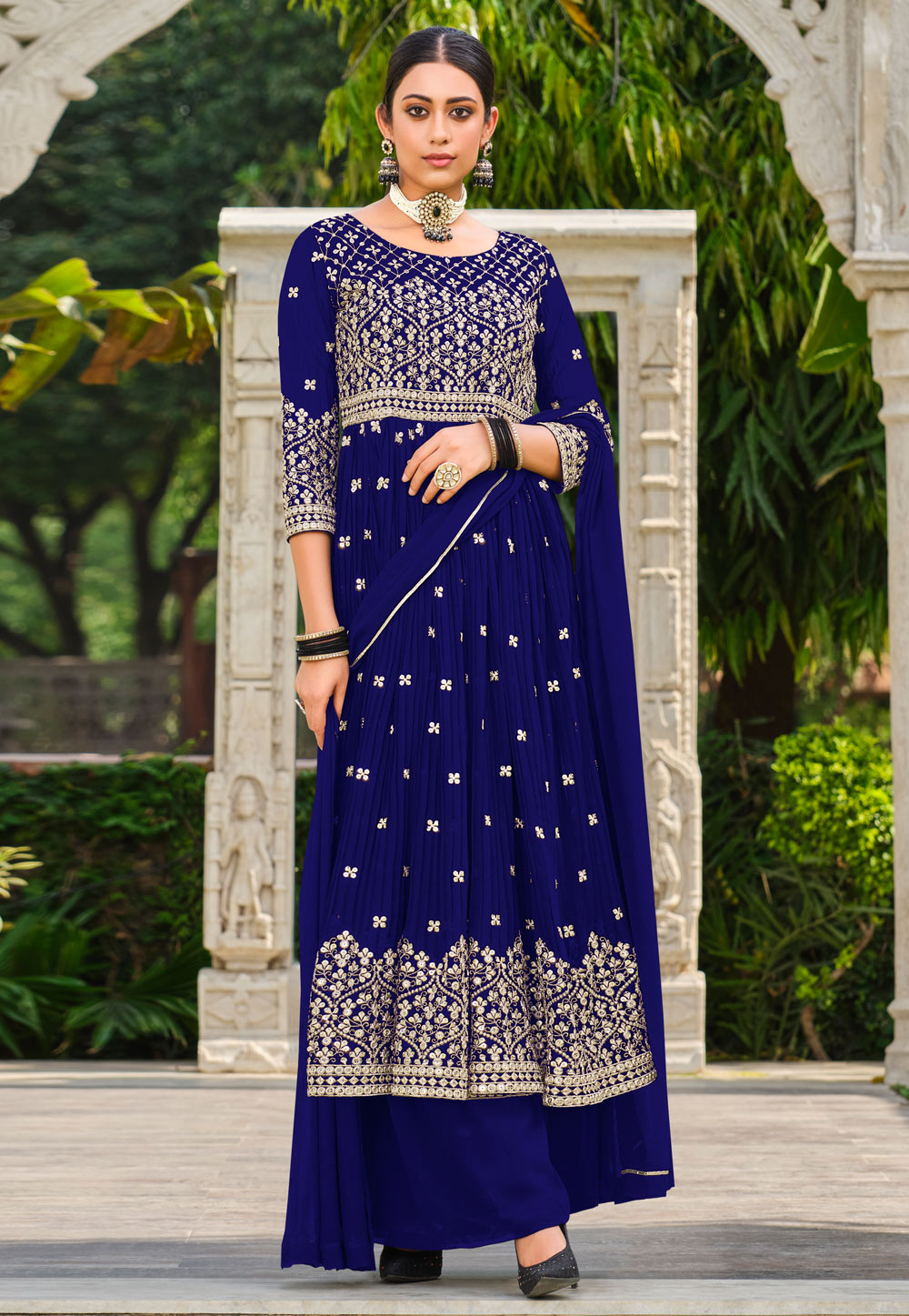 Blue Faux Georgette Readymade Palazzo Suit 265432