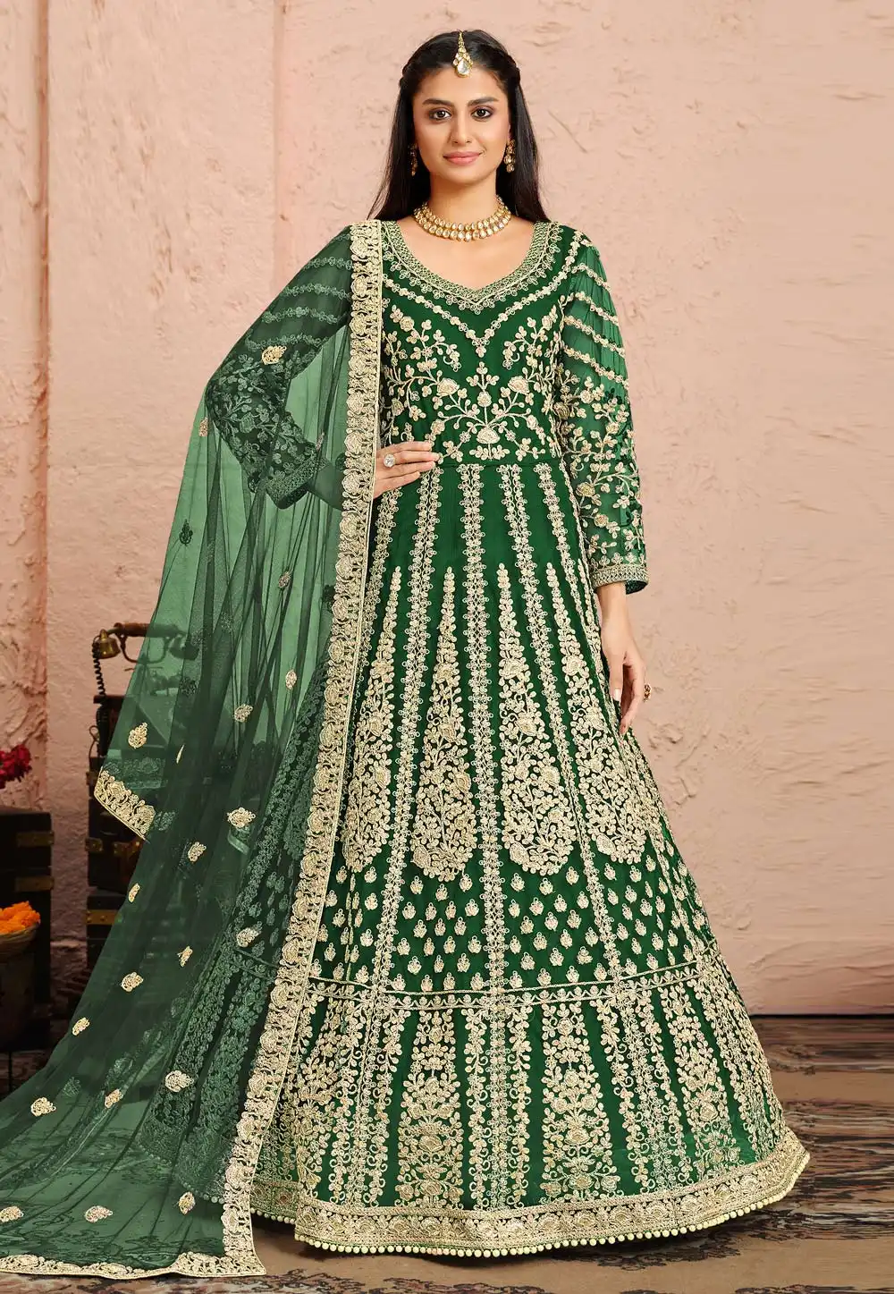 Green Net Embroidered Abaya Style Anarkali Suit 236090