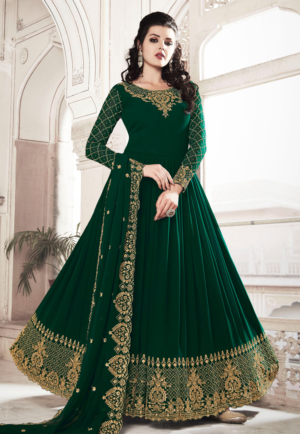 Green Faux Georgette Long Anarkali Suit 200564