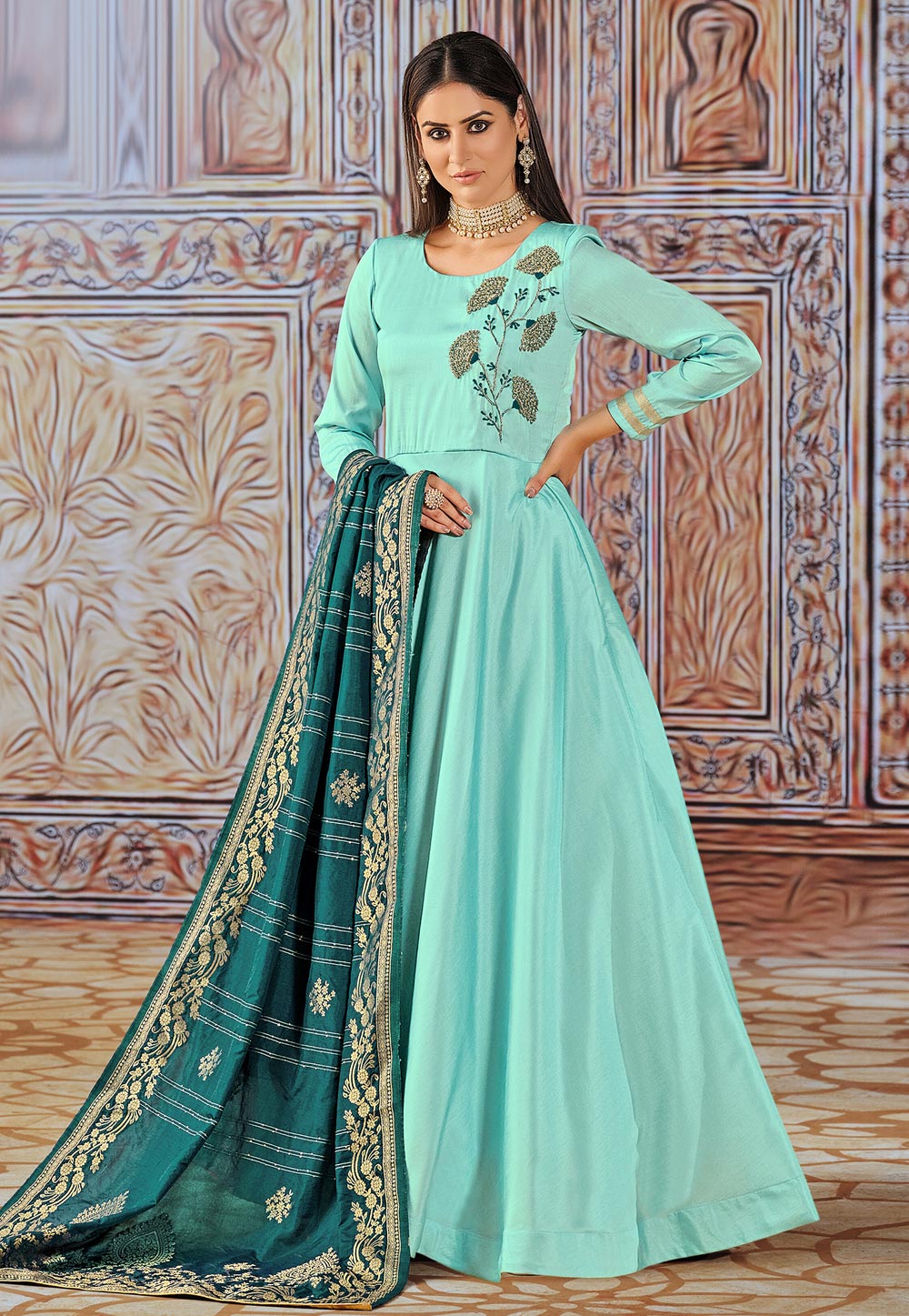 Sky Blue Art Silk Readymade Long Anarkali Suit 249636