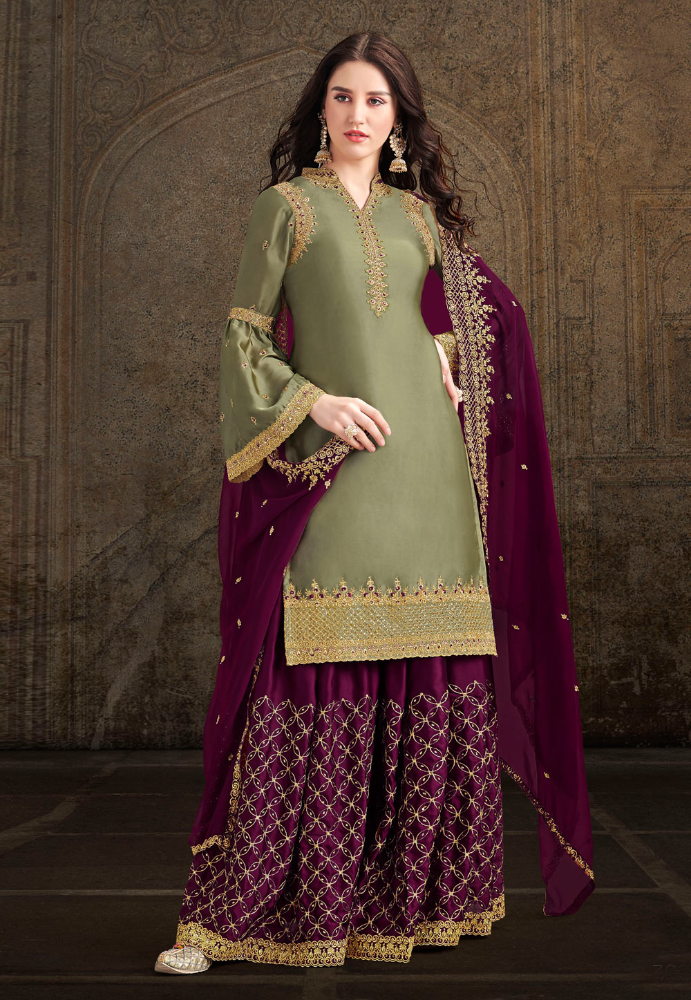 Light Green Satin Embroidered Palazzo Suit 196722