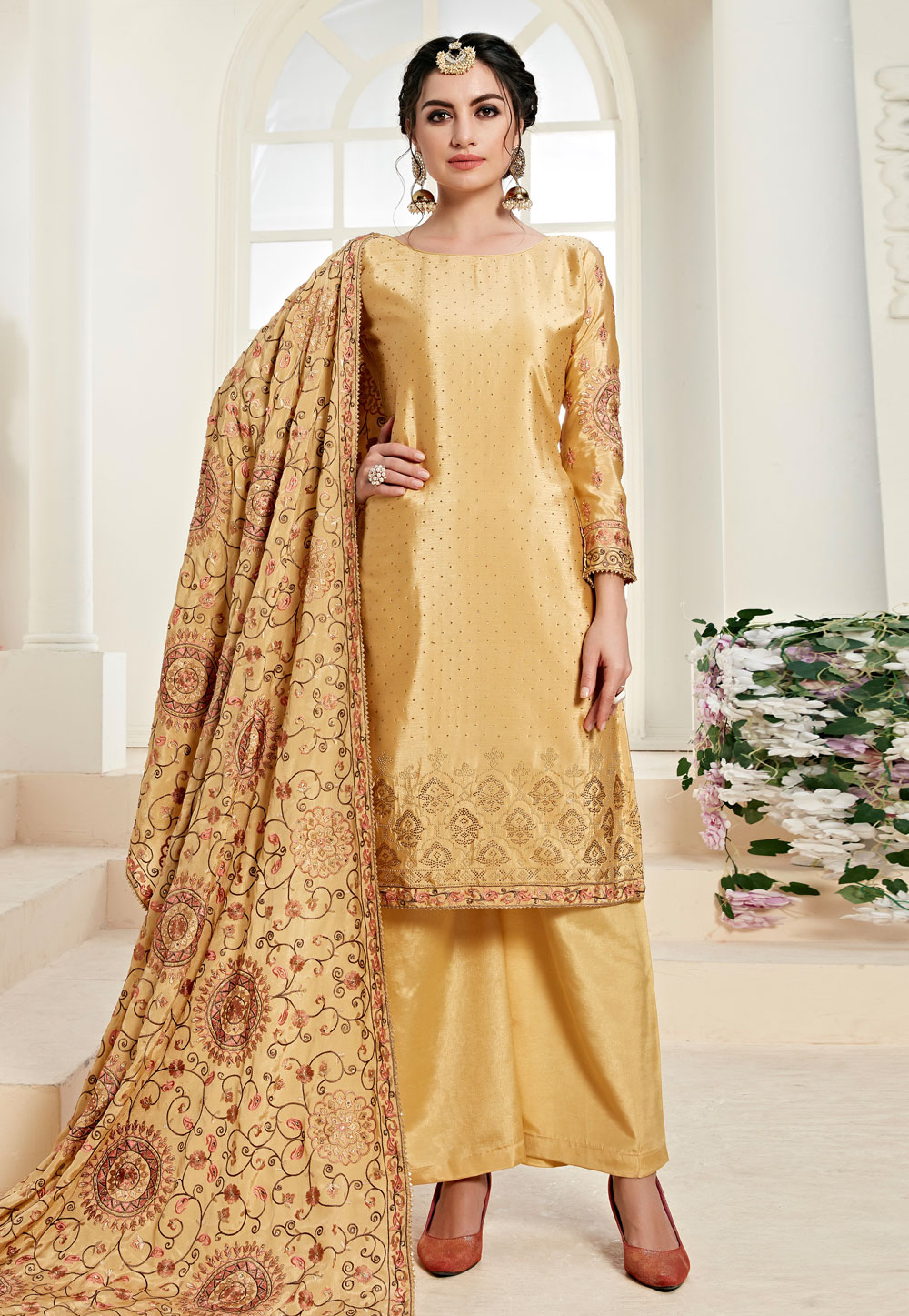 Yellow Chinon Kameez With Palazzo 199841