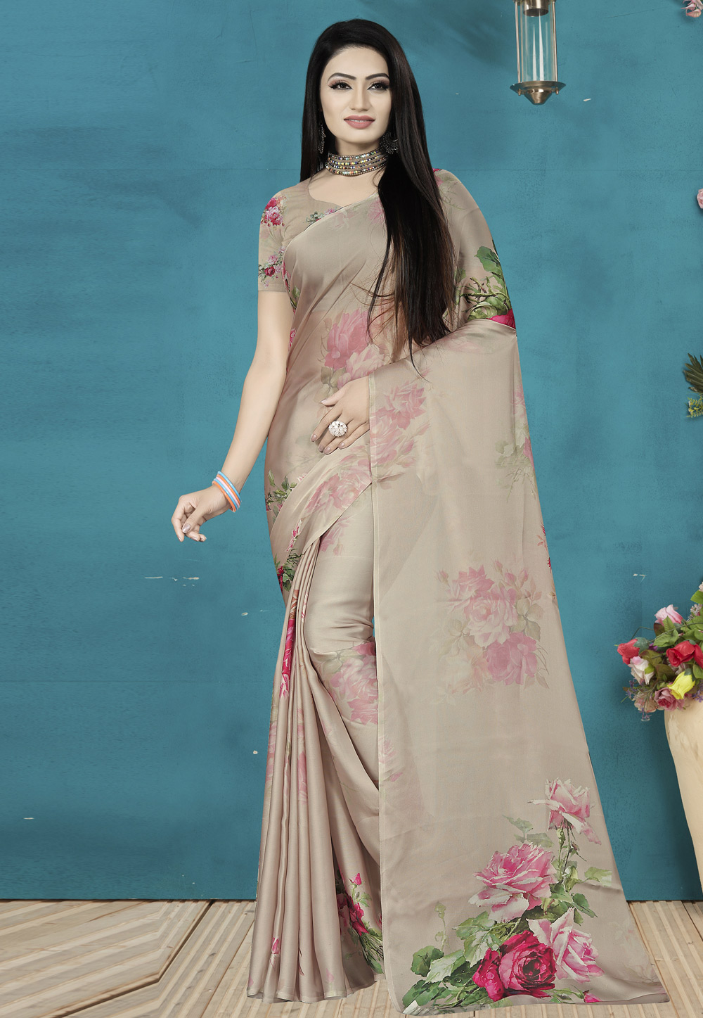 Beige Satin Silk Printed Saree 190358
