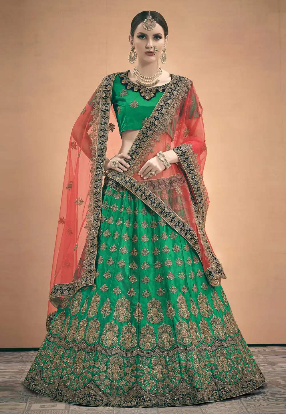 Green Satin Embroidered Circular Lehenga Choli 189991
