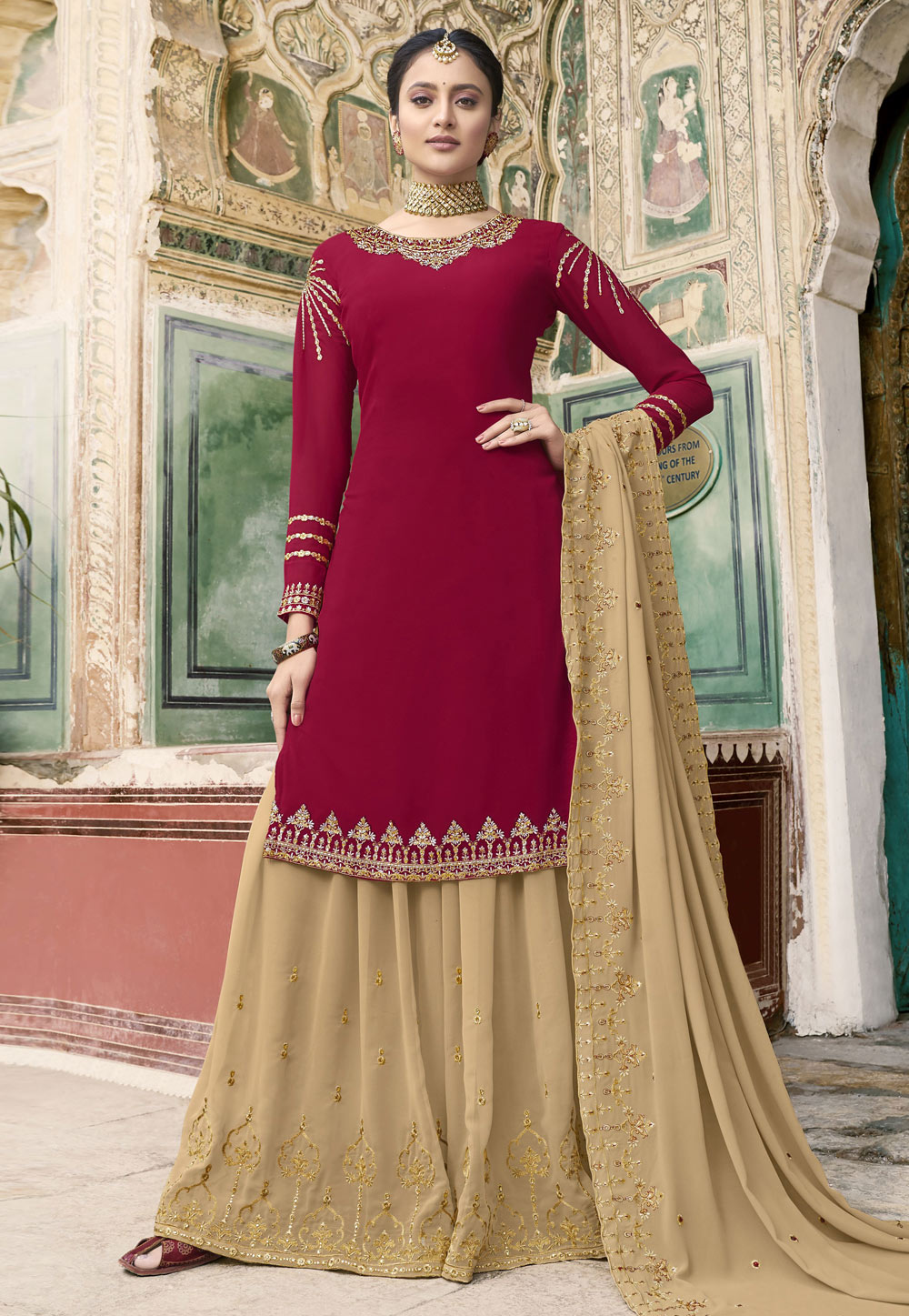 Maroon Georgette Palazzo Suit 198713