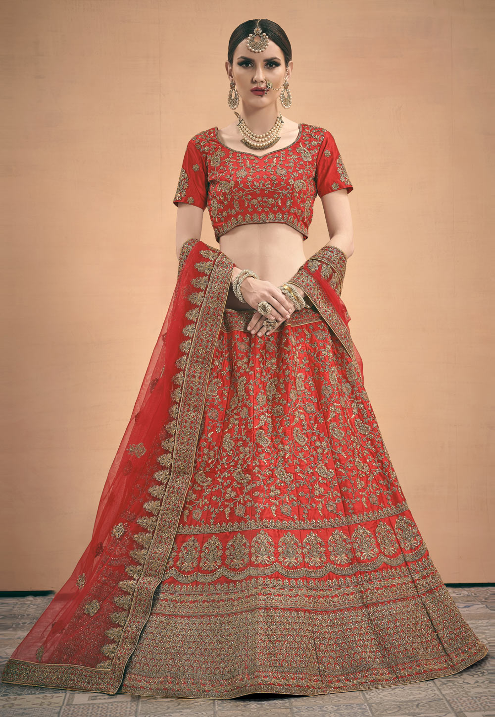 Red Satin Embroidered Bridal Lehenga Choli 189992