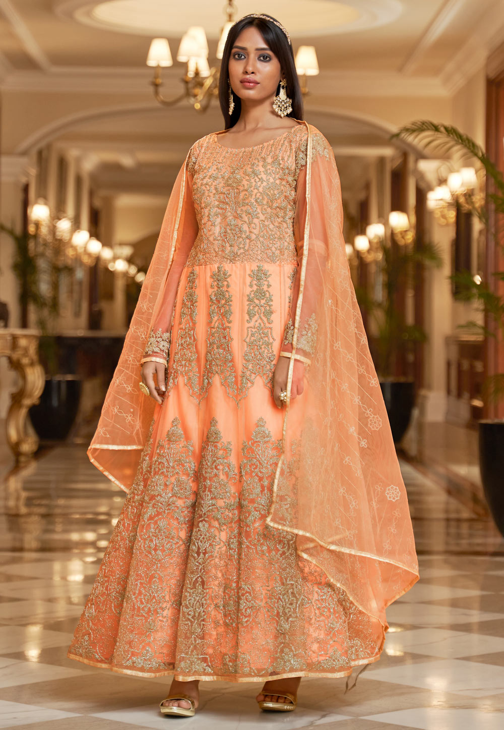 Peach Net Long Anarkali Suit 240090