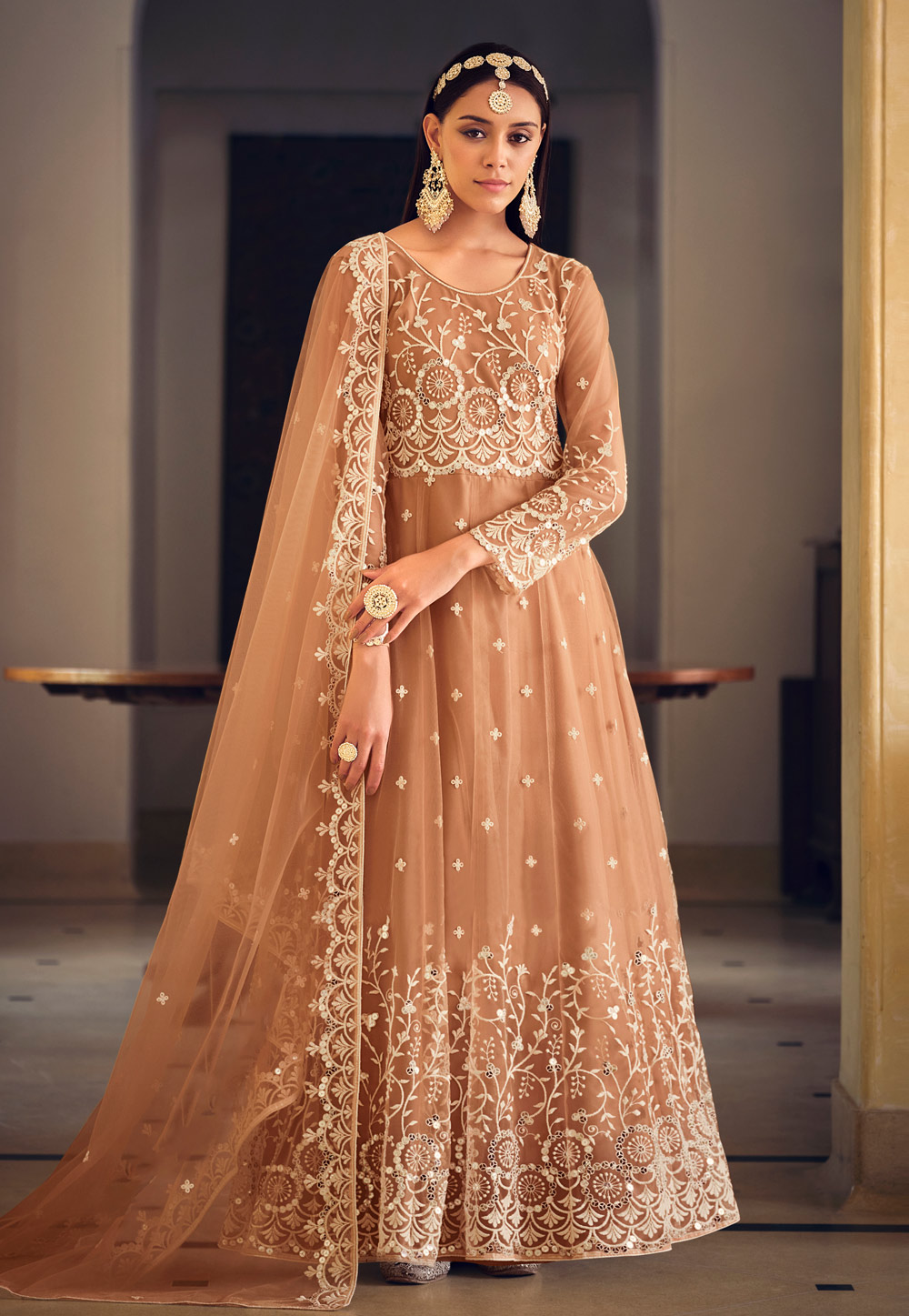 Beige Net Embroidered Anarkali Suit 271357