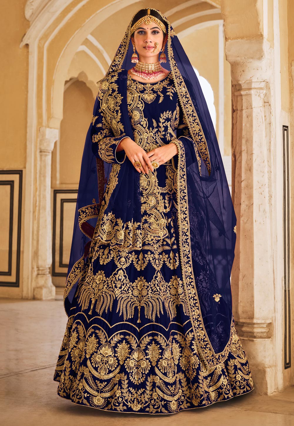 Navy Blue Velvet Wedding Lehenga Choli 271744