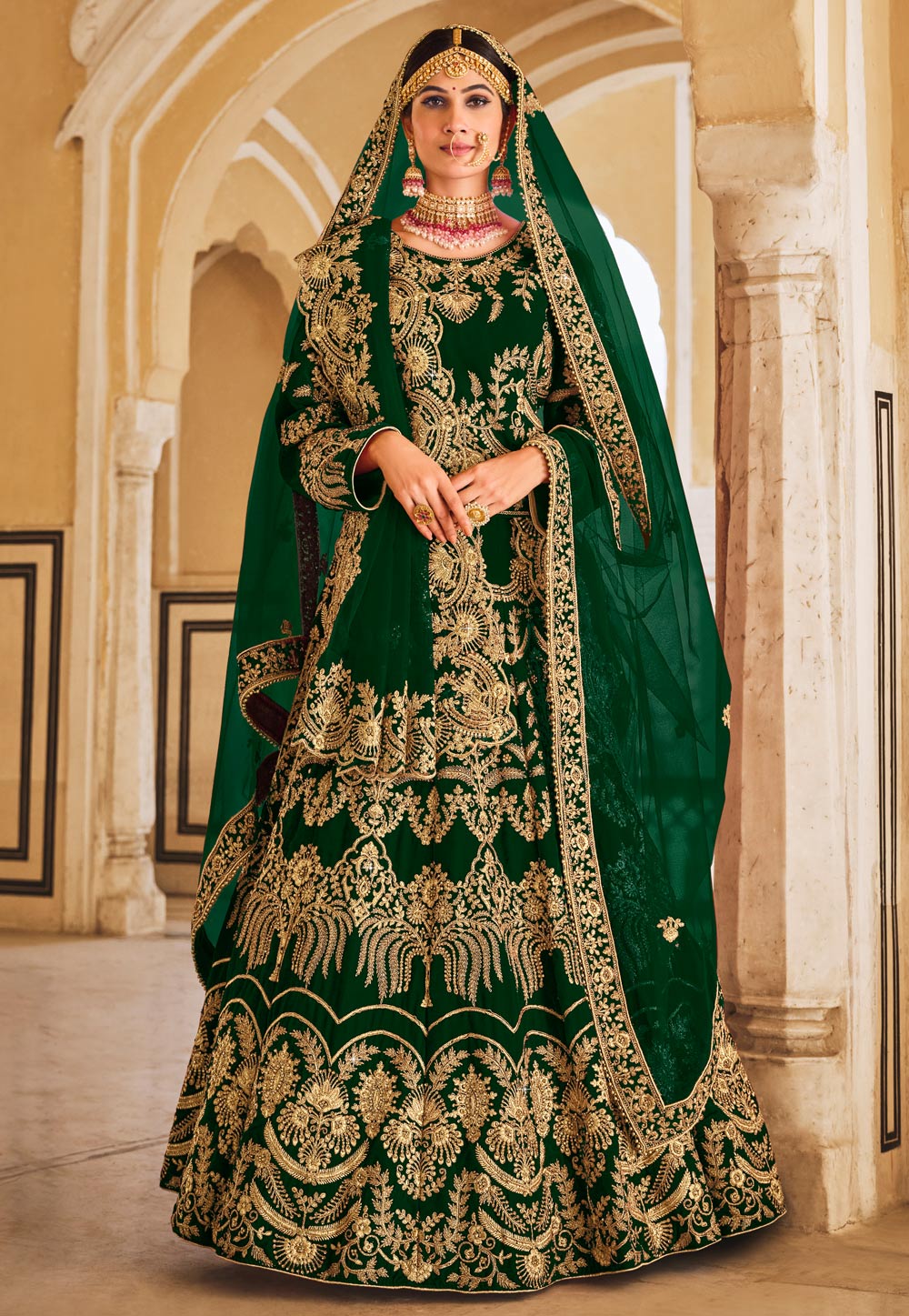 Green Velvet Bridal Lehenga Choli 271745