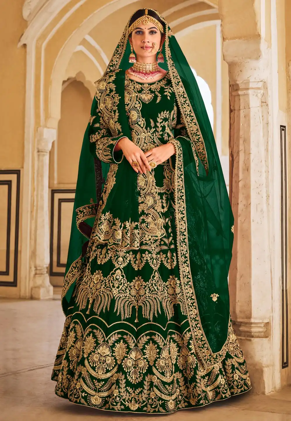 Green Velvet Bridal Lehenga Choli 271745