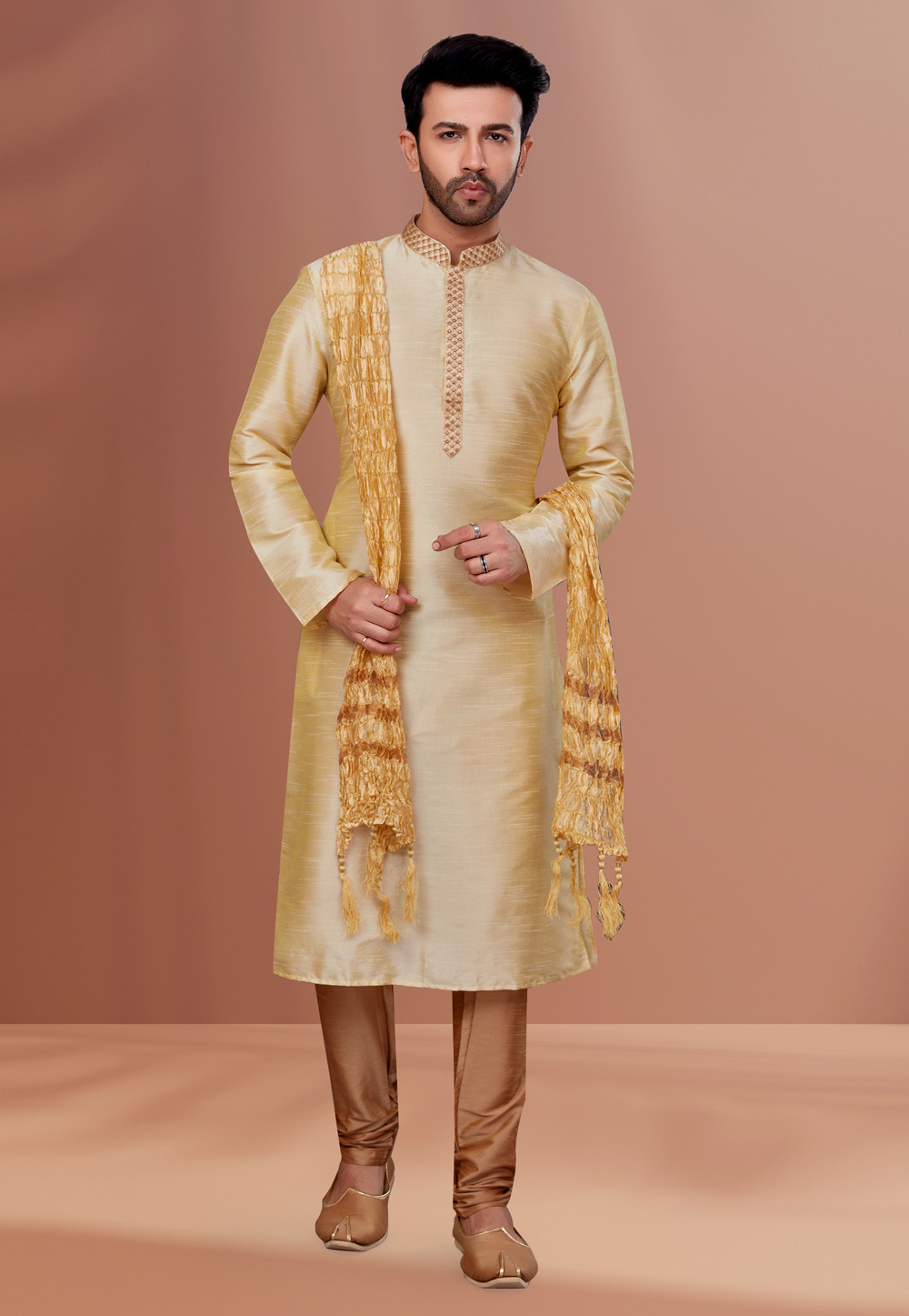 Light Yellow Banarasi Kurta Pajama 256806