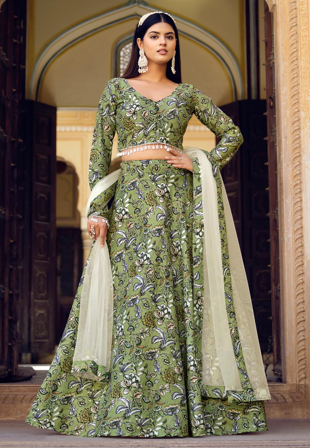 Pista Green Silk Floral Print Lehenga 274549