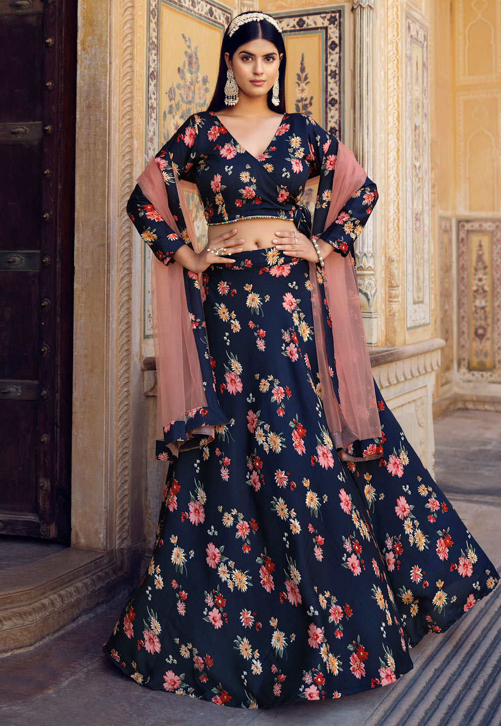 Navy Blue Silk Floral Lehenga Choli 274551