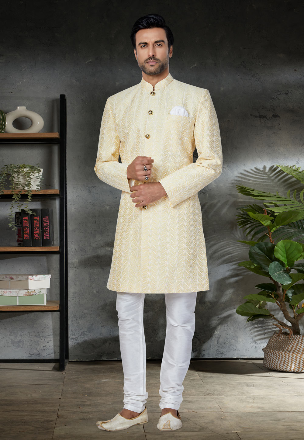 Light Yellow Silk Indo Western Suit 259874