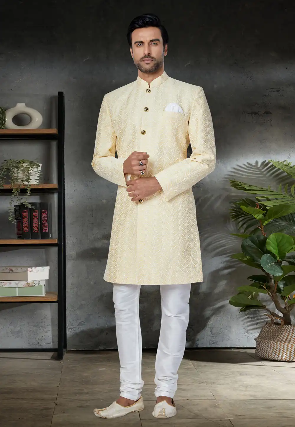 Light Yellow Silk Indo Western Suit 259874