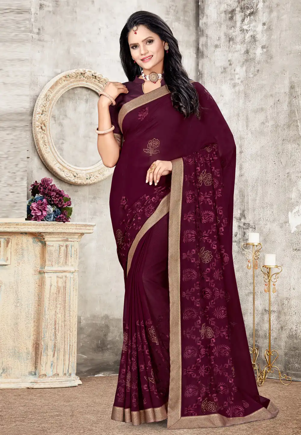 Wine Georgette Festival Wear Saree 220372