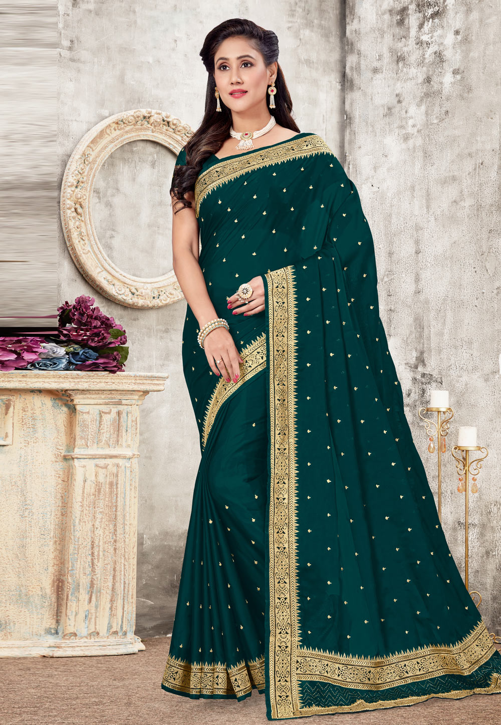 Teal Silk Saree With Blouse 220373