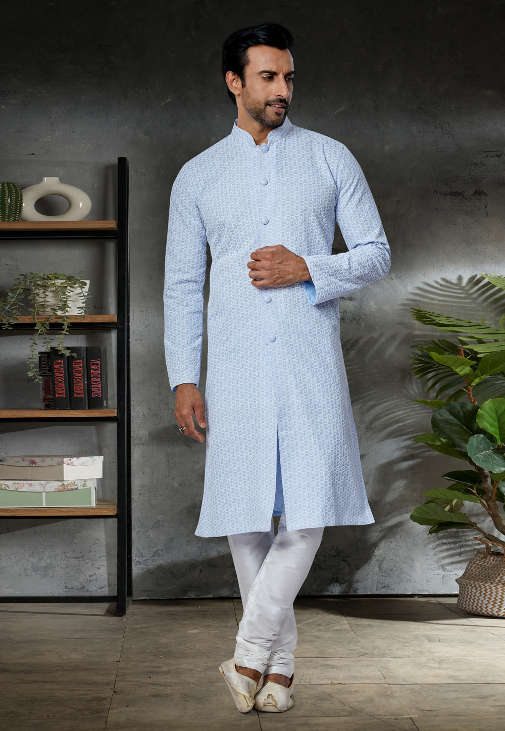 Sky Blue Cotton Indo Western Kurta 259878