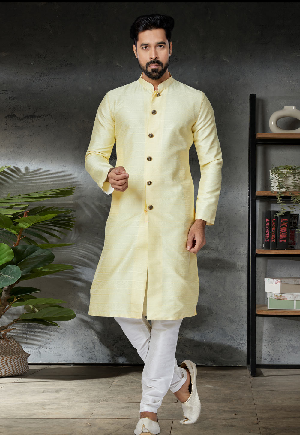 Yellow Jacquard Indo Western Kurta 259879