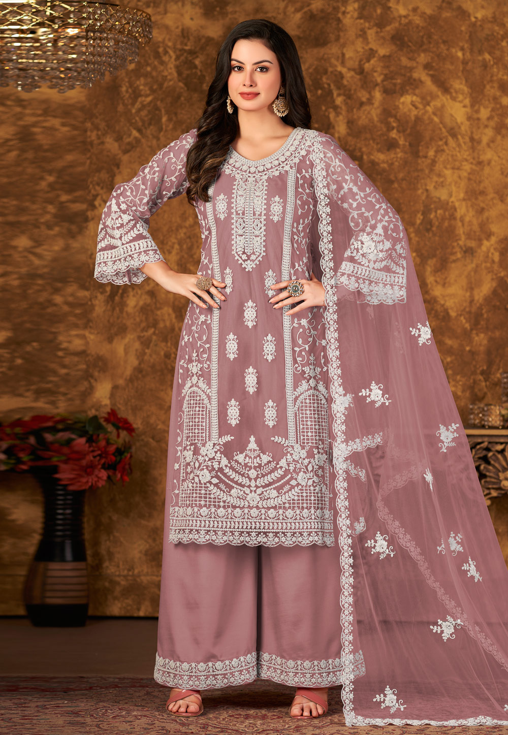 Pink Net Embroidered Palazzo Suit 250696