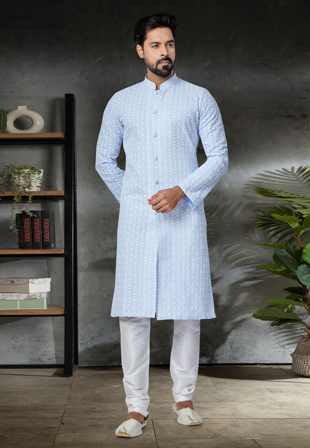 Sky Blue Cotton Indo Western Kurta 259881