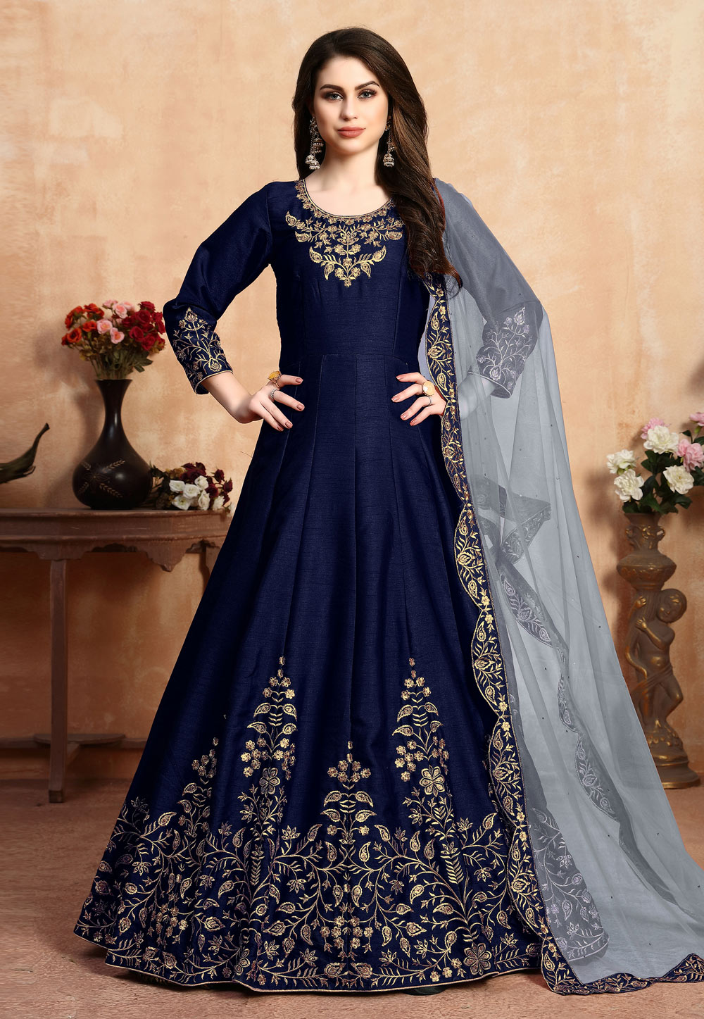 Navy Blue Art Silk Long Anarkali Suit 199124
