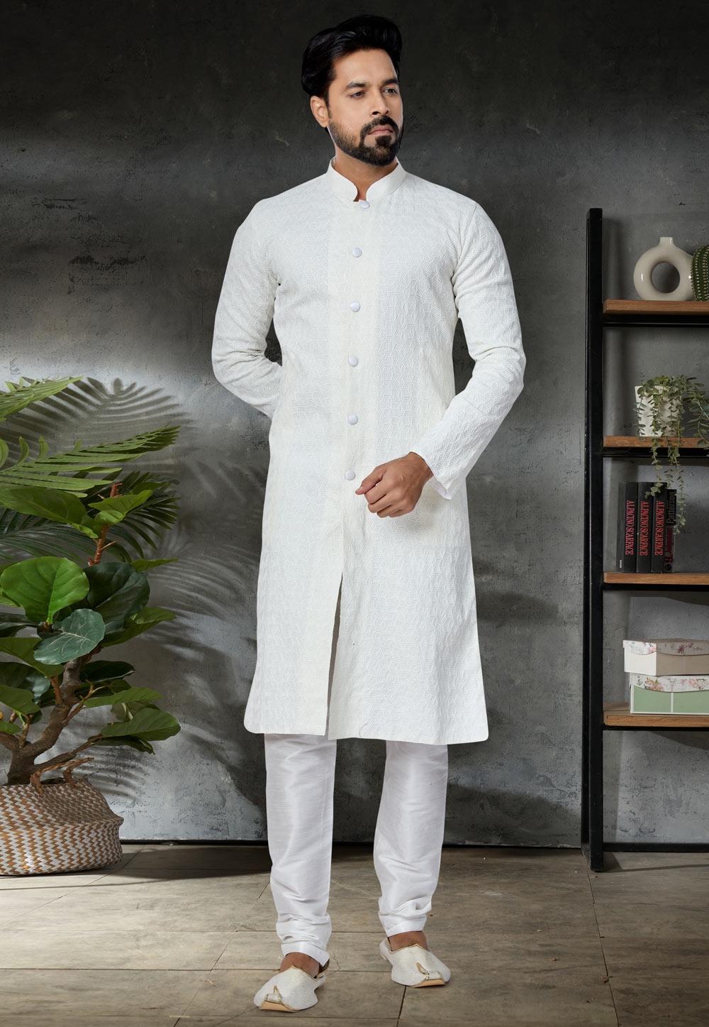 Off White Cotton Indo Western Kurta 259882
