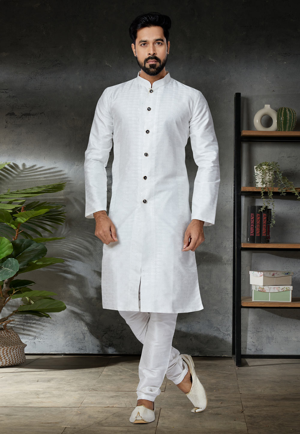 White Jacquard Indo Western Kurta 259883