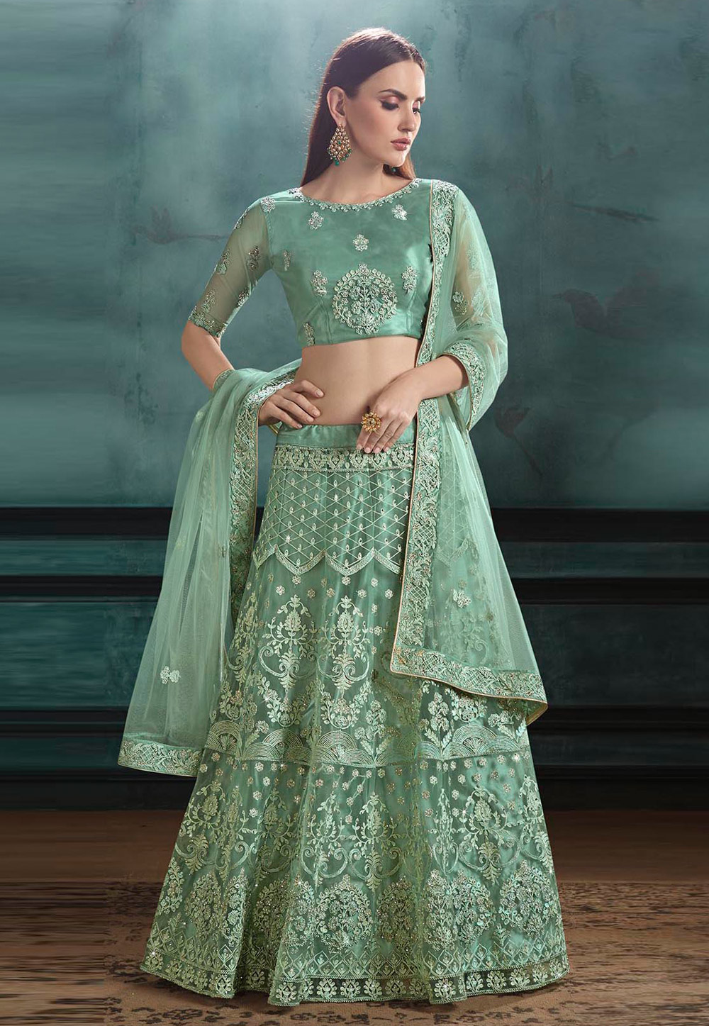 Light Green Net A Line Lehenga Choli 185969
