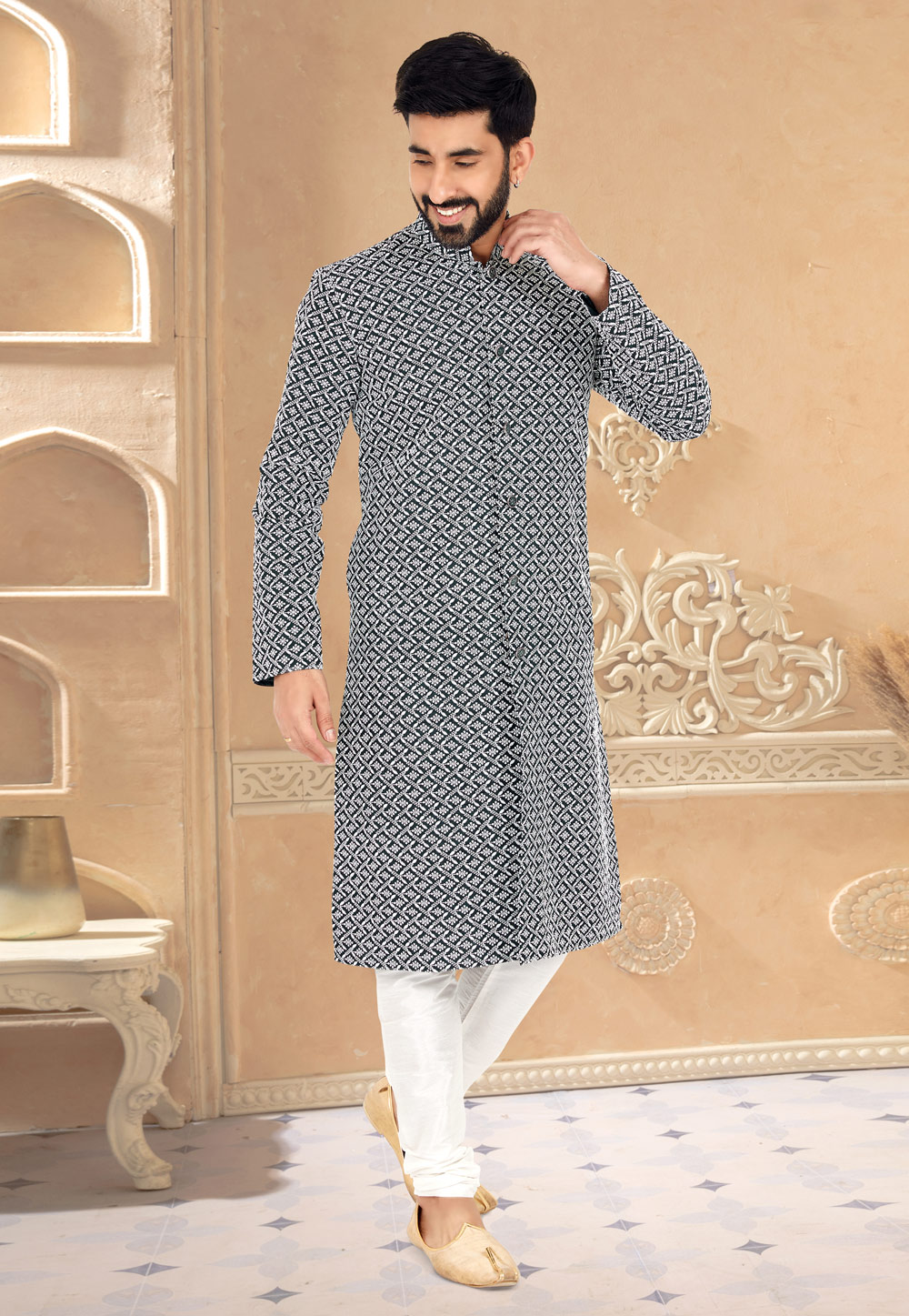 Teal Silk Indo Western Kurta 259887