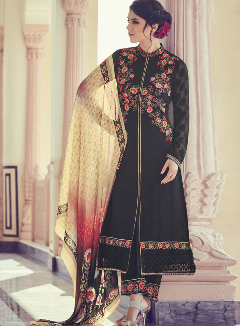 Black Georgette Straight Cut Suit 140360