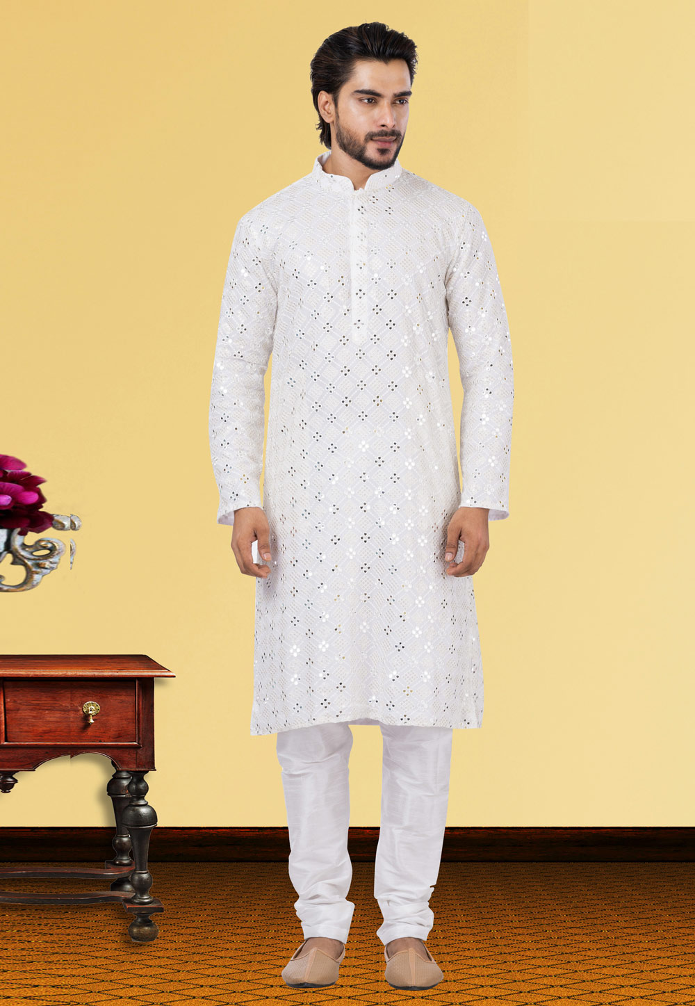 White Georgette Kurta Pajama 249748