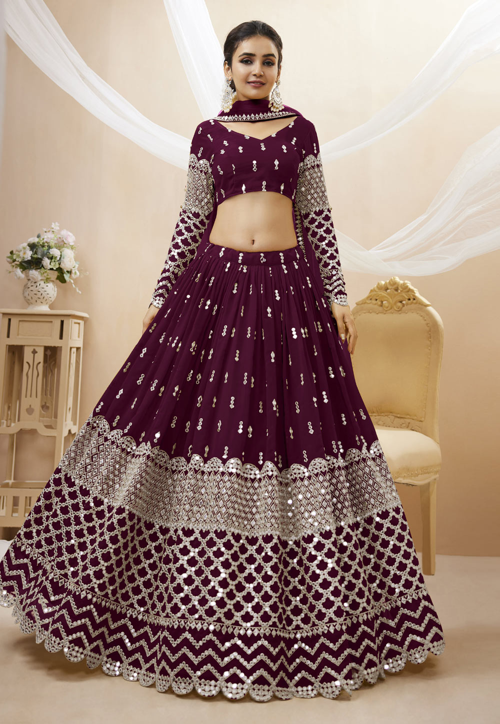 Wine Georgette Circular Lehenga Choli 268505