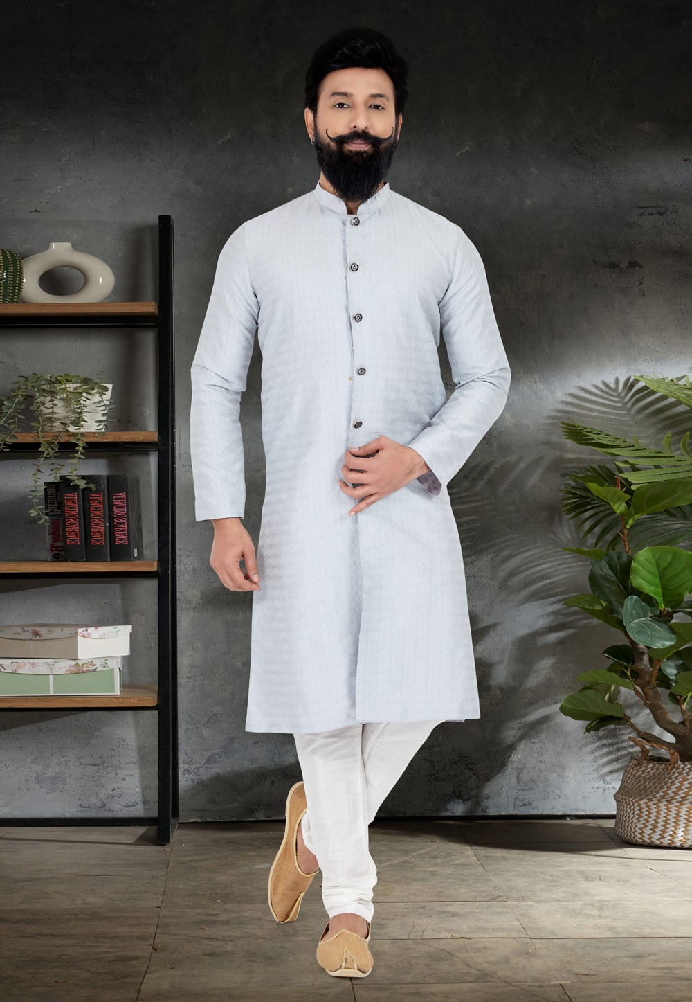 Sky Blue Jacquard Indo Western Kurta 259893
