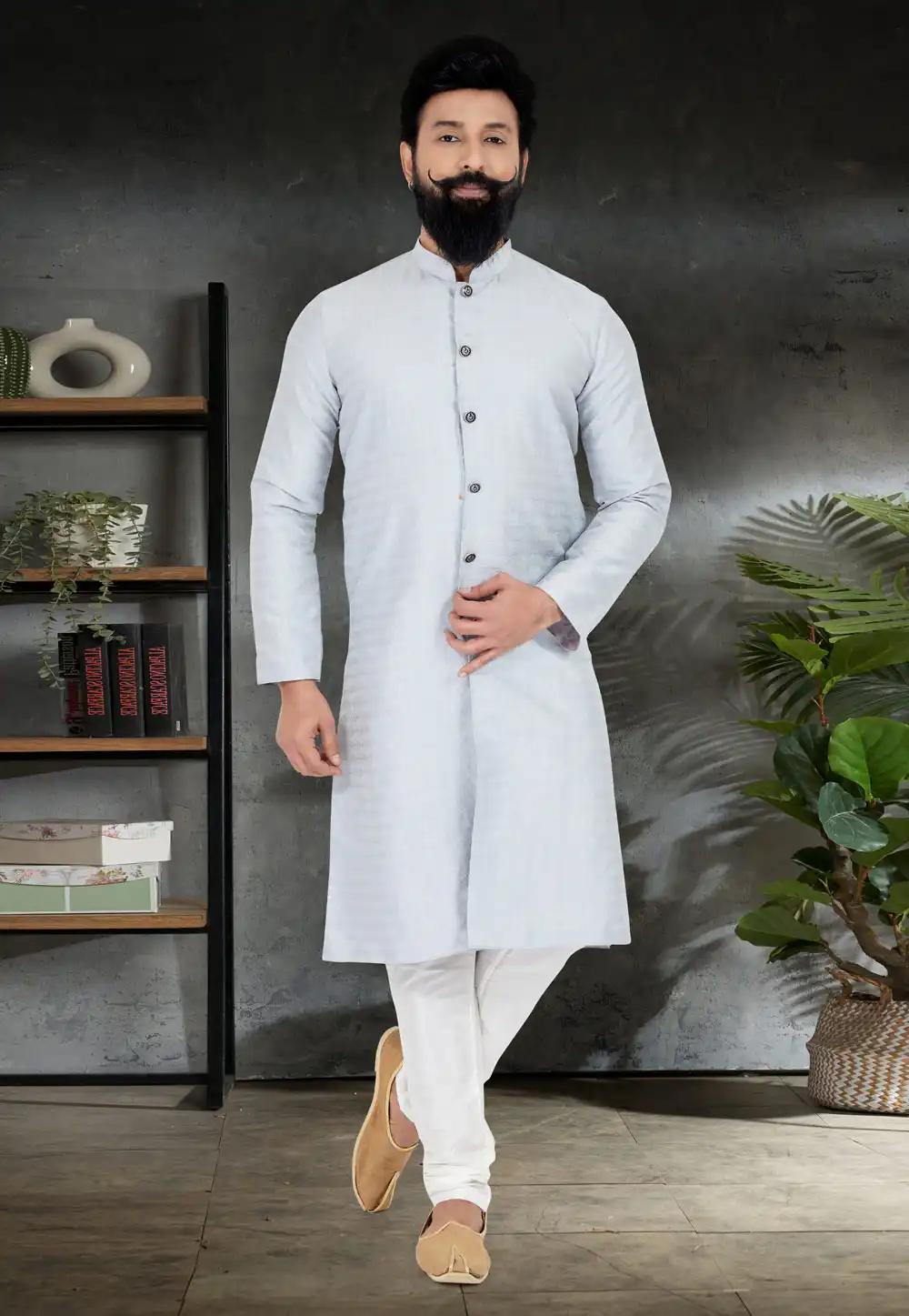 Sky Blue Jacquard Indo Western Kurta 259893
