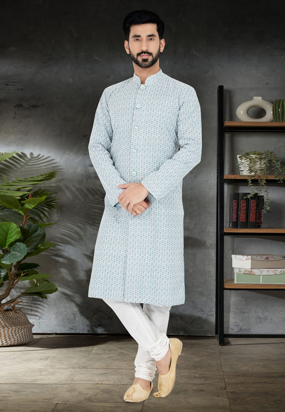Sea Green Silk Indo Western Kurta 259894