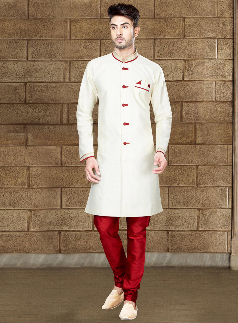 Off White Silk Indo Western Suit 124898